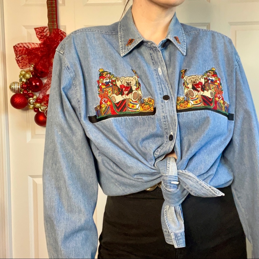 VTG Christmas Holiday Toy Embroidered Denim Button Down Women's Size 18W/20W